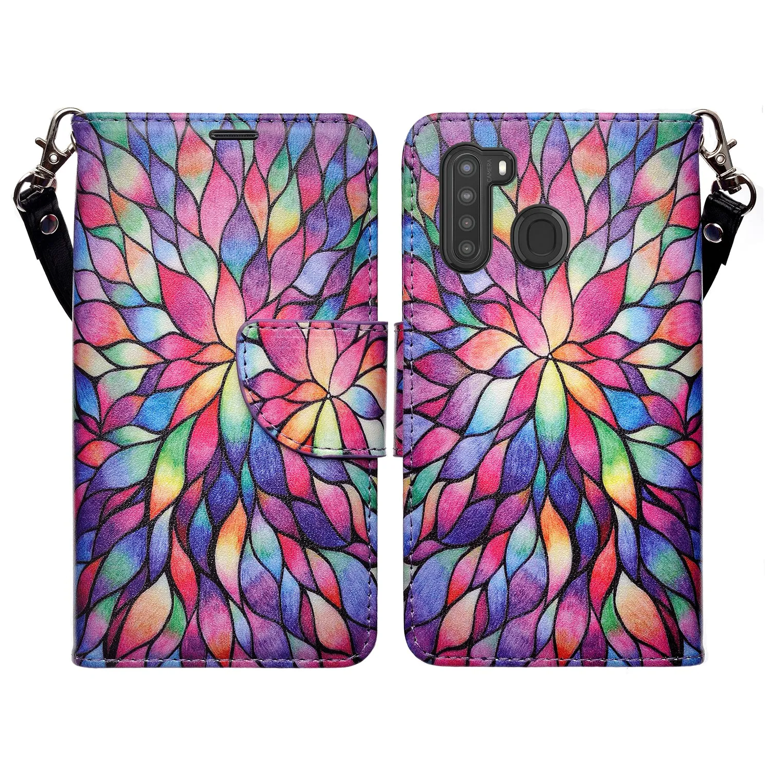 Samsung Galaxy A21 Case, Galaxy A21 Wallet Case, Wrist Strap Pu Leather Wallet Case [Kickstand] with ID & Credit Card Slots - Rainbow Flower