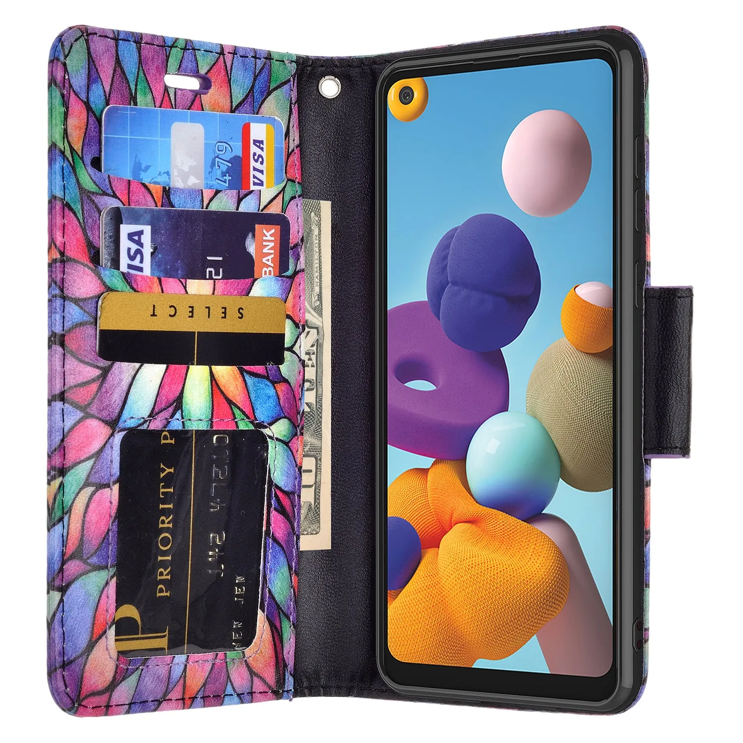 Samsung Galaxy A21 Case, Galaxy A21 Wallet Case, Wrist Strap Pu Leather Wallet Case [Kickstand] with ID & Credit Card Slots - Rainbow Flower