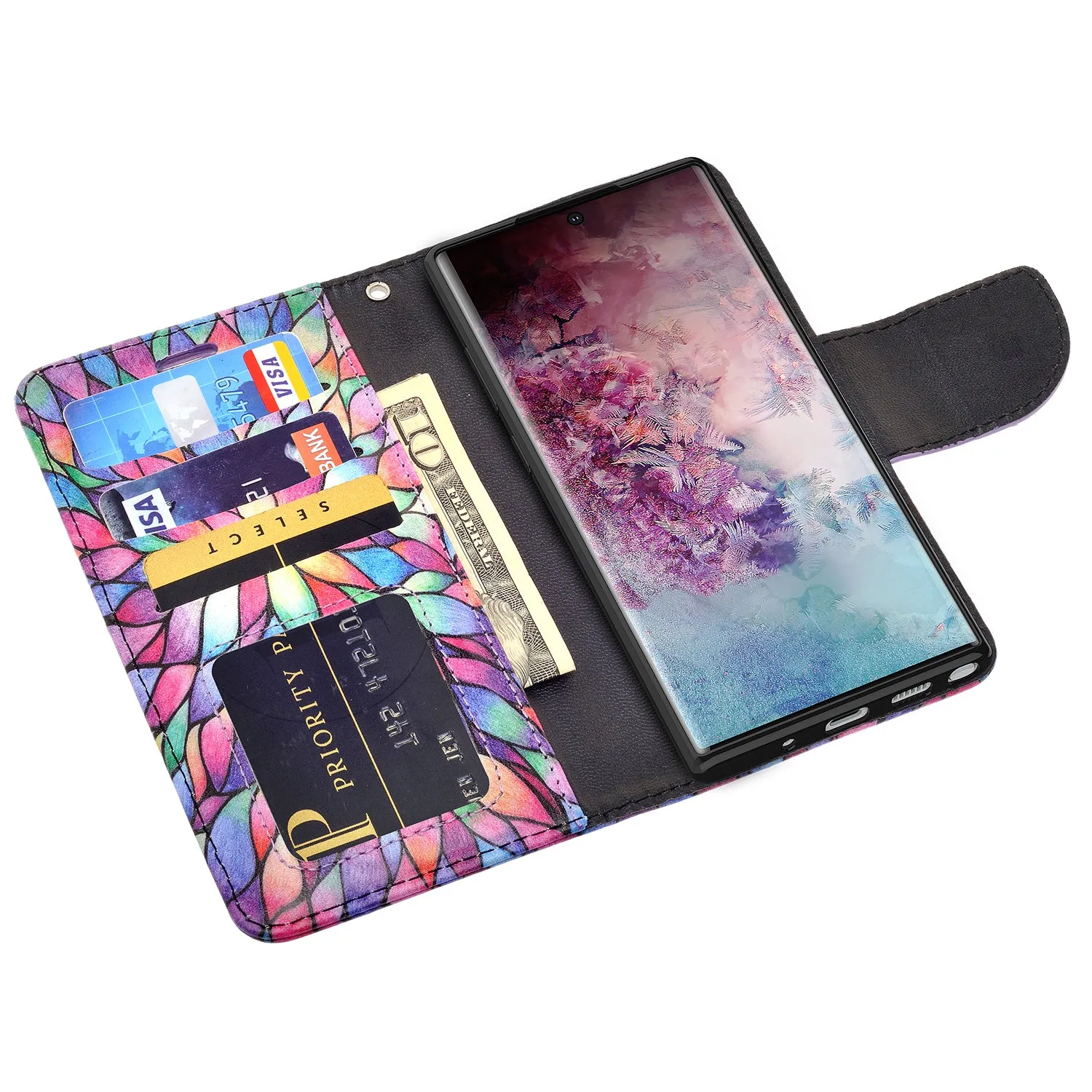 Samsung Galaxy Note 10  Case, Galaxy Note 10 Plus Wallet Case, Wrist Strap Pu Leather Wallet Case [Kickstand] with ID & Credit Card Slots - Rainbow Flower