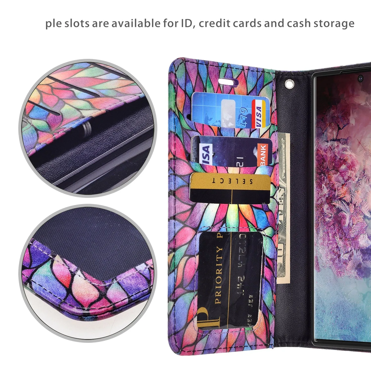 Samsung Galaxy Note 10  Case, Galaxy Note 10 Plus Wallet Case, Wrist Strap Pu Leather Wallet Case [Kickstand] with ID & Credit Card Slots - Rainbow Flower