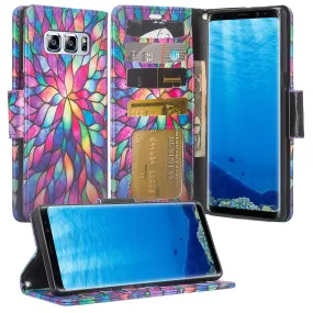 Samsung Galaxy Note 8 Case, Galaxy Note 8 Wallet Case, Slim Flip Folio [Kickstand] Pu Leather Wallet Case with ID & Card Slots & Pocket   Wrist Strap - Rainbow Flower