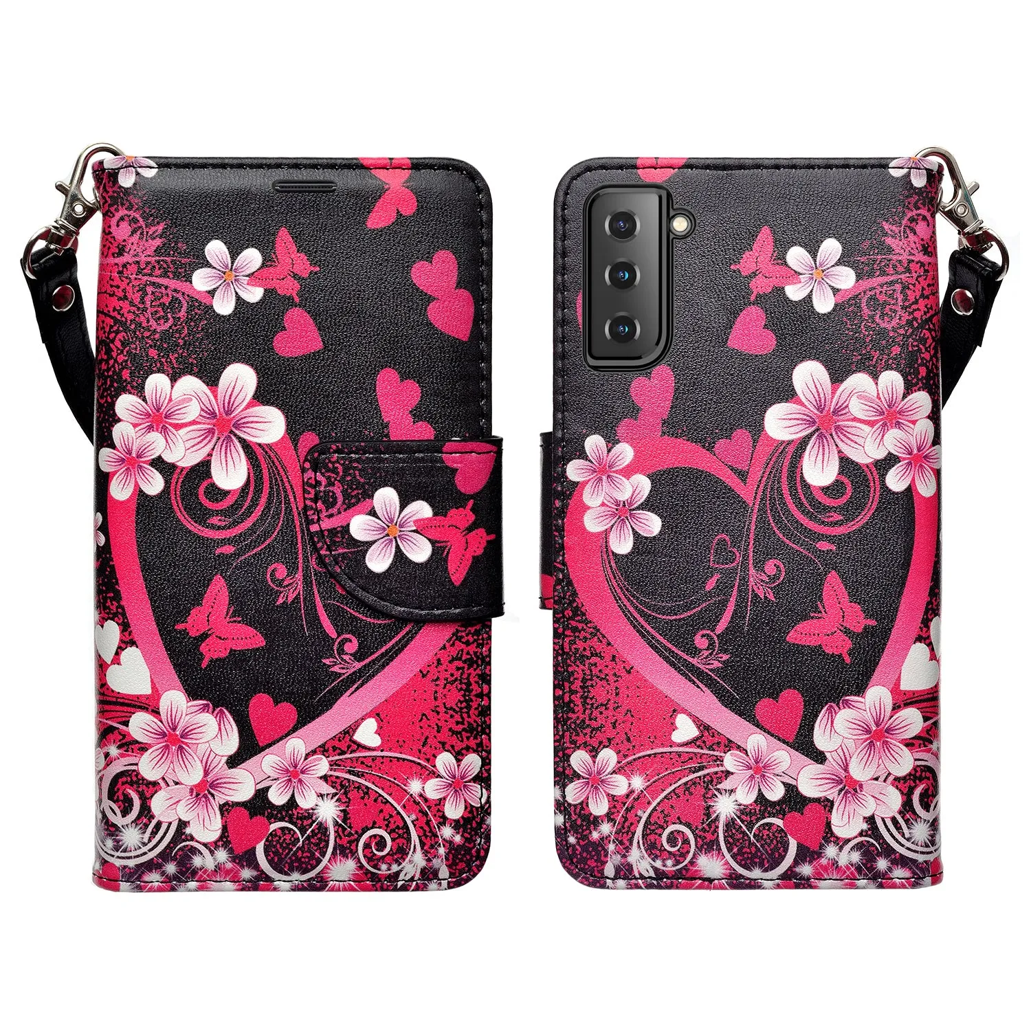 Samsung Galaxy S21   Case, Galaxy S21 Plus Wallet Case, Wrist Strap Pu Leather Wallet Case [Kickstand] with ID & Credit Card Slots - Heart Butterflies