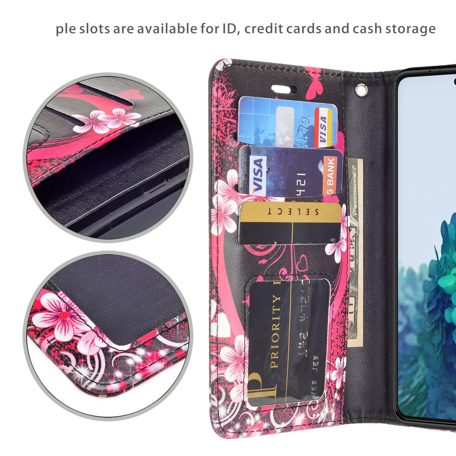 Samsung Galaxy S21   Case, Galaxy S21 Plus Wallet Case, Wrist Strap Pu Leather Wallet Case [Kickstand] with ID & Credit Card Slots - Heart Butterflies