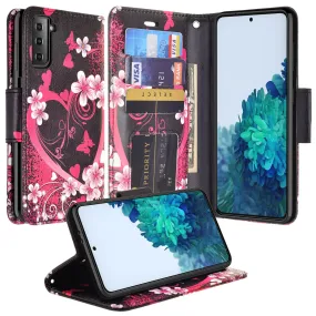 Samsung Galaxy S21   Case, Galaxy S21 Plus Wallet Case, Wrist Strap Pu Leather Wallet Case [Kickstand] with ID & Credit Card Slots - Heart Butterflies