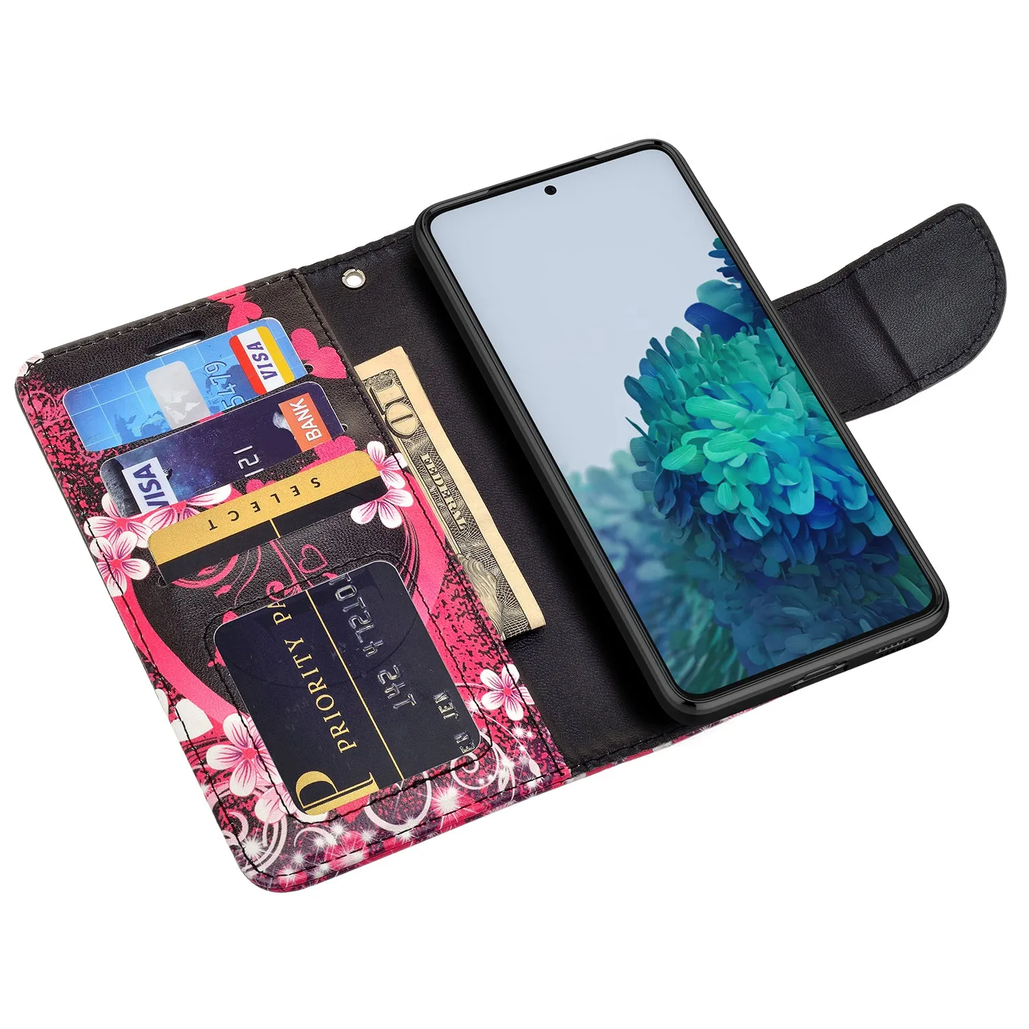 Samsung Galaxy S21   Case, Galaxy S21 Plus Wallet Case, Wrist Strap Pu Leather Wallet Case [Kickstand] with ID & Credit Card Slots - Heart Butterflies