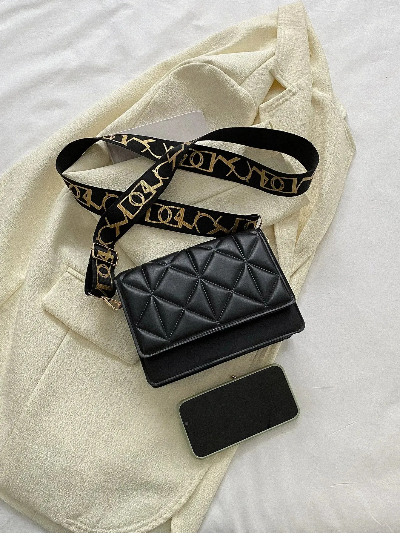 SHEIN Geometric Embossed Flap Square Bag Fashionable Black PU For Daily Life