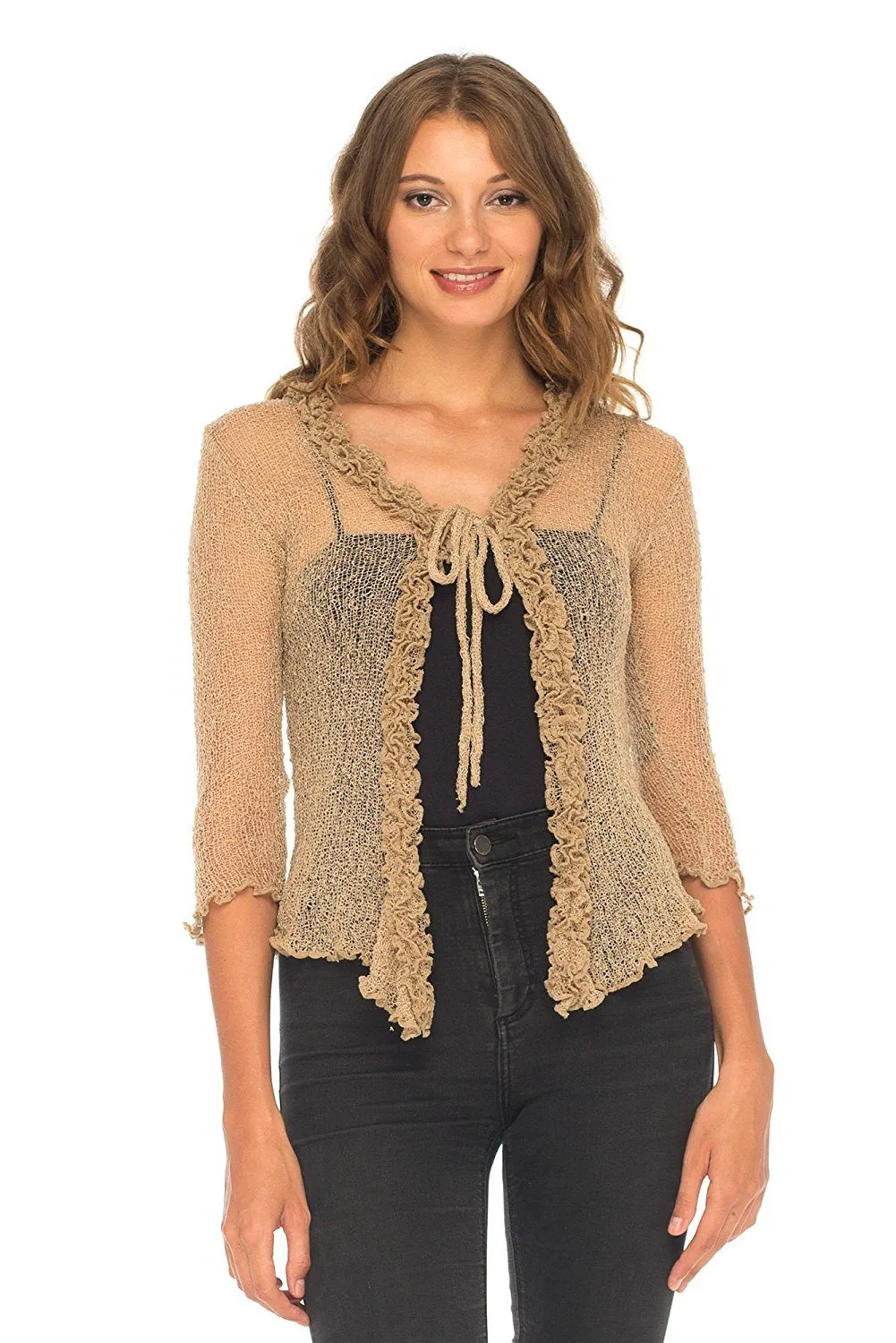 SHU-SHI Womens Sheer Shrug Cardigan Sweater Lightweight Knit Ruffle Shrug