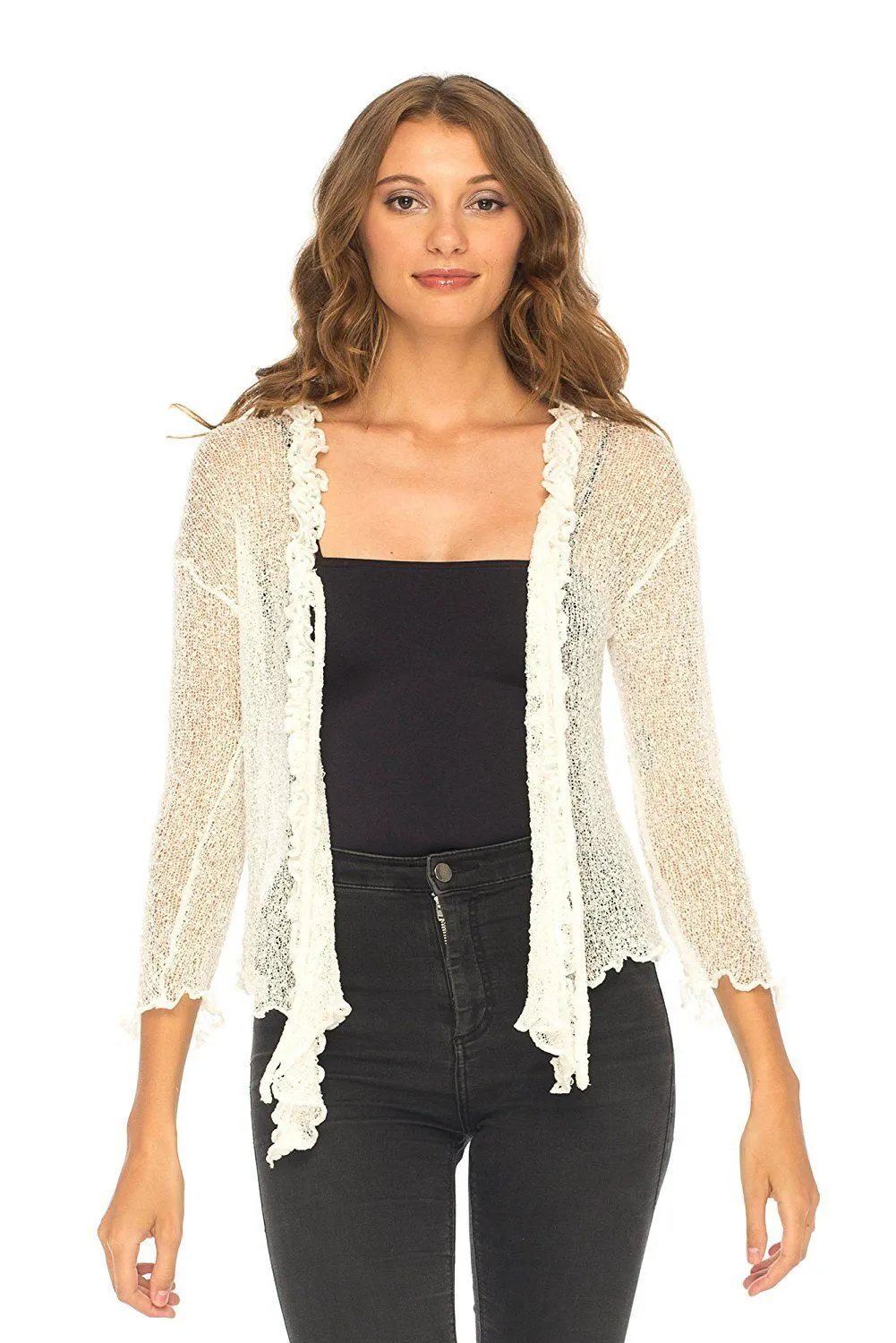 SHU-SHI Womens Sheer Shrug Cardigan Sweater Lightweight Knit Ruffle Shrug