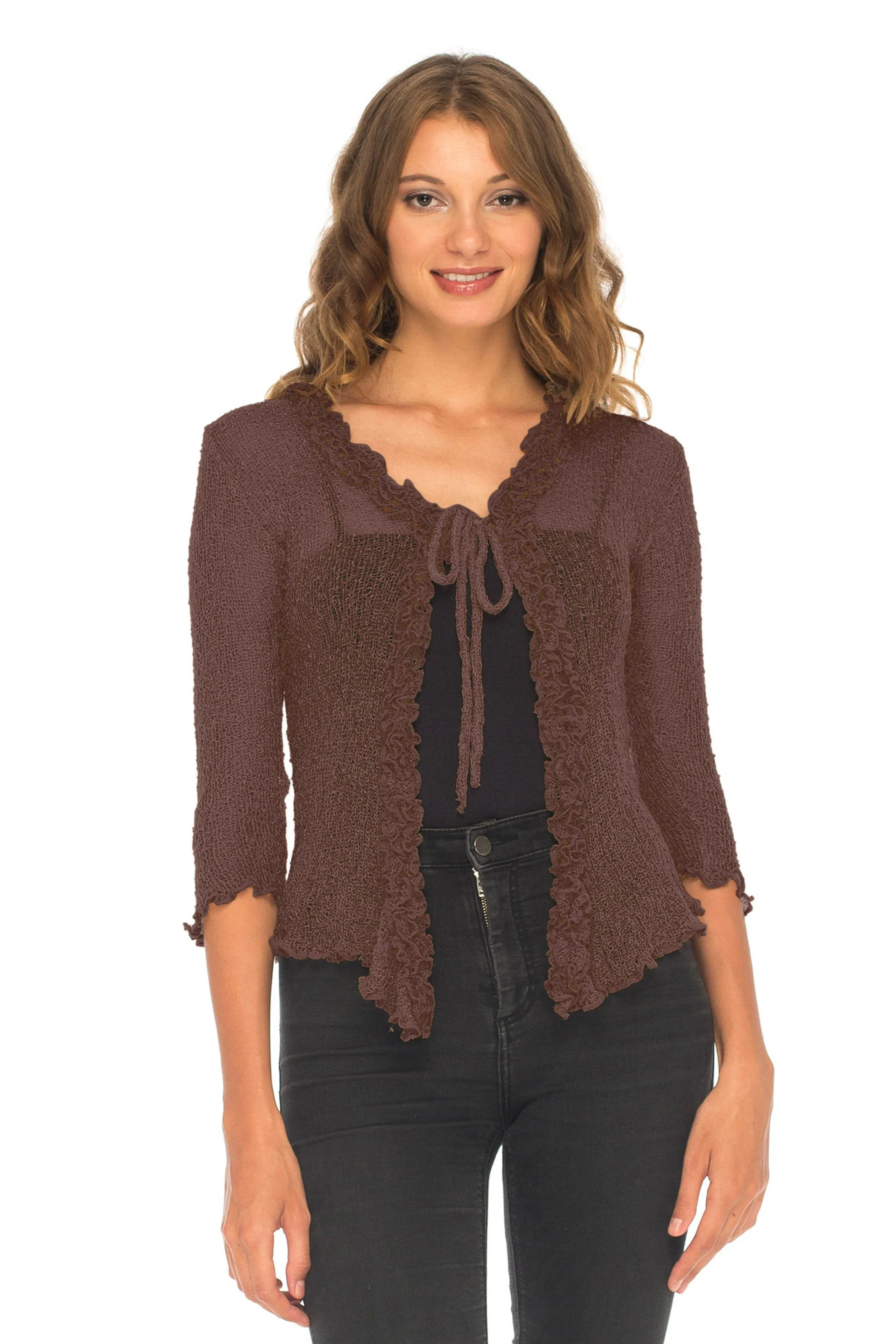 SHU-SHI Womens Sheer Shrug Cardigan Sweater Lightweight Knit Ruffle Shrug