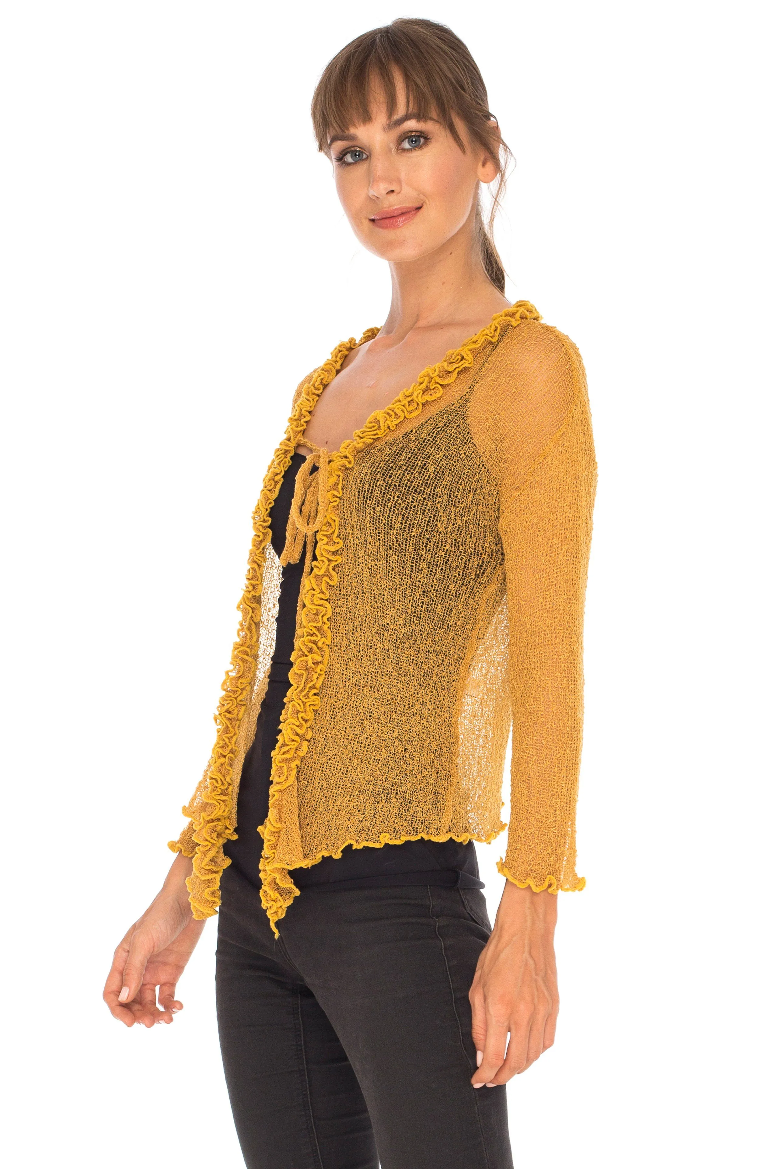 SHU-SHI Womens Sheer Shrug Cardigan Sweater Lightweight Knit Ruffle Shrug