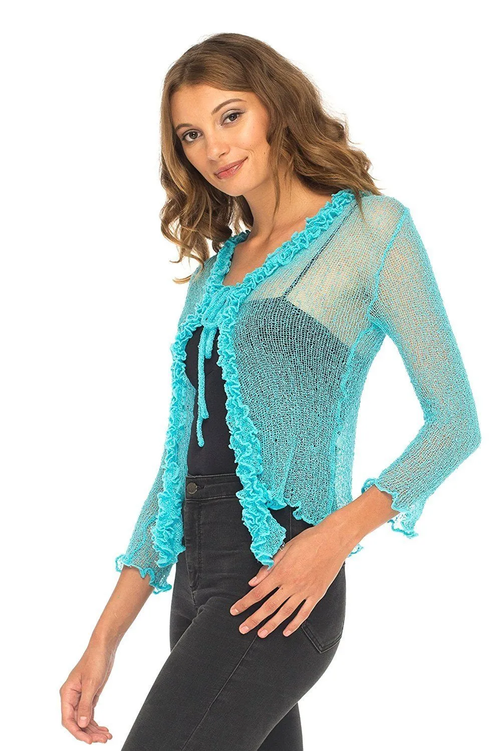 SHU-SHI Womens Sheer Shrug Cardigan Sweater Lightweight Knit Ruffle Shrug