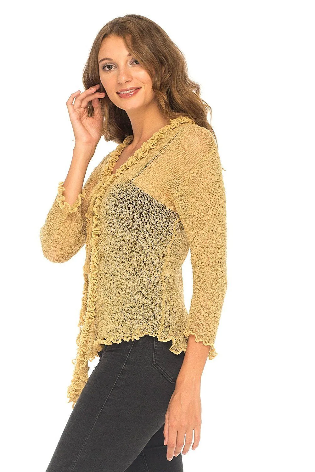 SHU-SHI Womens Sheer Shrug Cardigan Sweater Lightweight Knit Ruffle Shrug