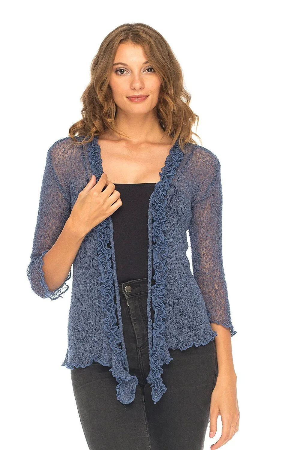 SHU-SHI Womens Sheer Shrug Cardigan Sweater Lightweight Knit Ruffle Shrug