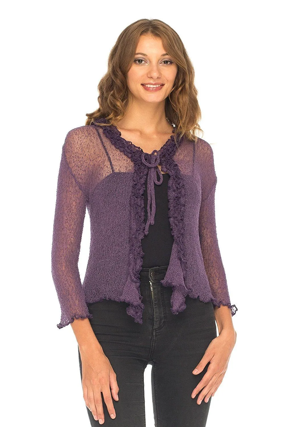 SHU-SHI Womens Sheer Shrug Cardigan Sweater Lightweight Knit Ruffle Shrug