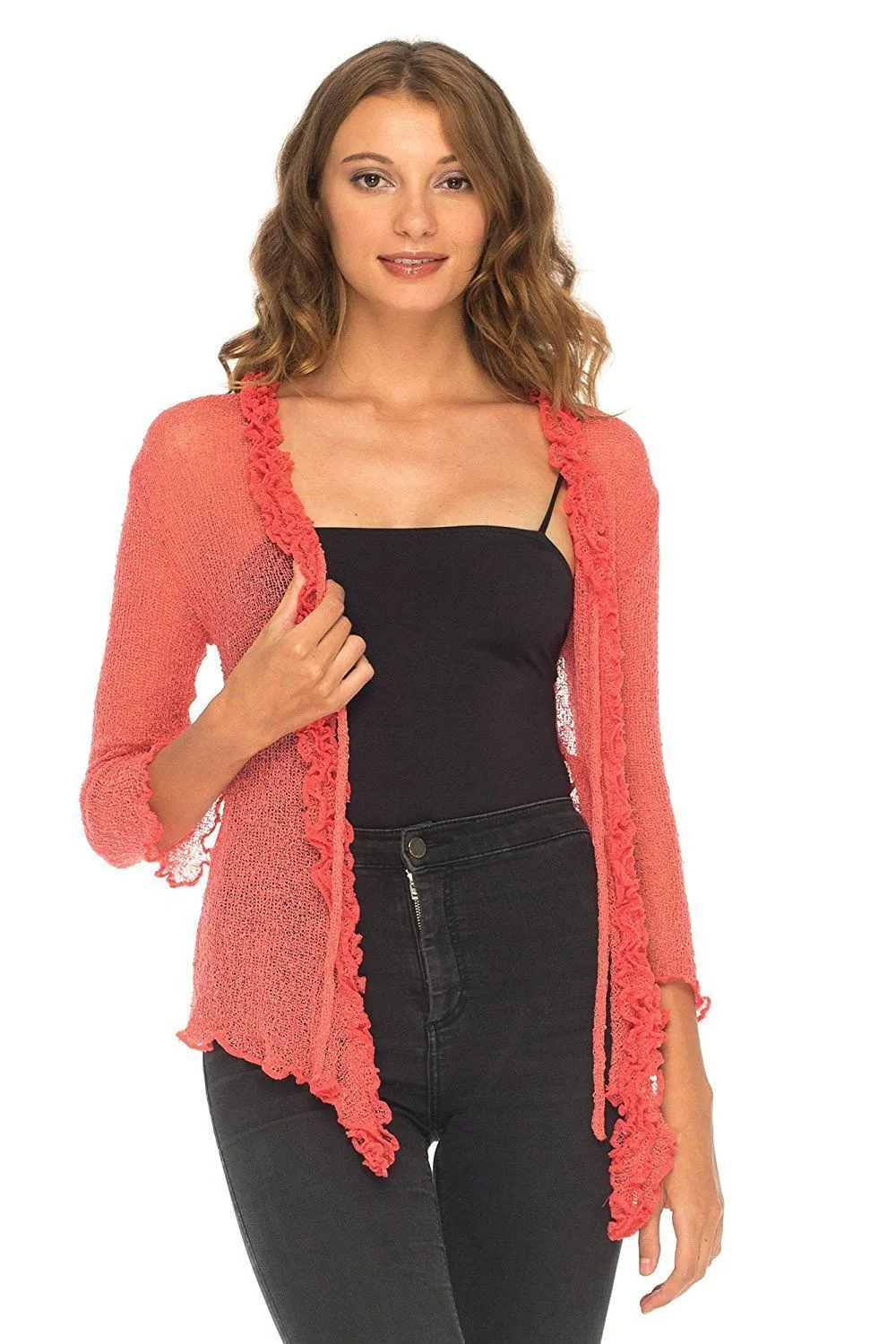 SHU-SHI Womens Sheer Shrug Cardigan Sweater Lightweight Knit Ruffle Shrug