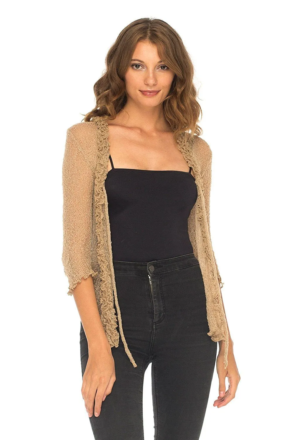 SHU-SHI Womens Sheer Shrug Cardigan Sweater Lightweight Knit Ruffle Shrug