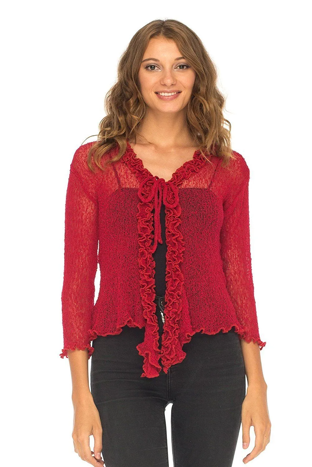 SHU-SHI Womens Sheer Shrug Cardigan Sweater Lightweight Knit Ruffle Shrug