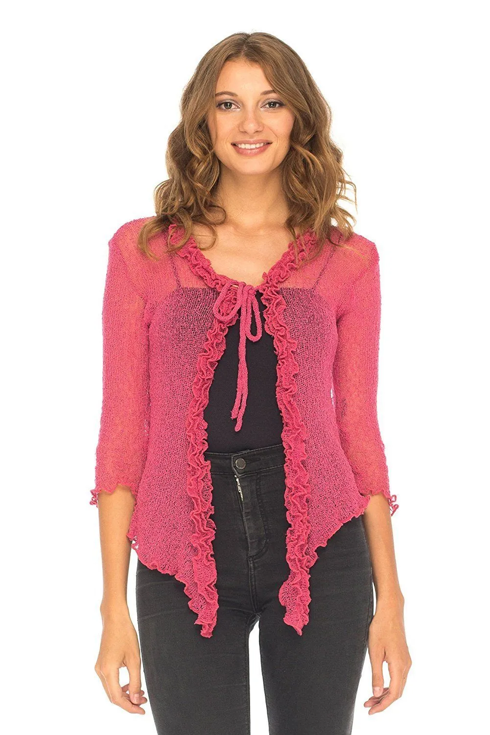 SHU-SHI Womens Sheer Shrug Cardigan Sweater Lightweight Knit Ruffle Shrug