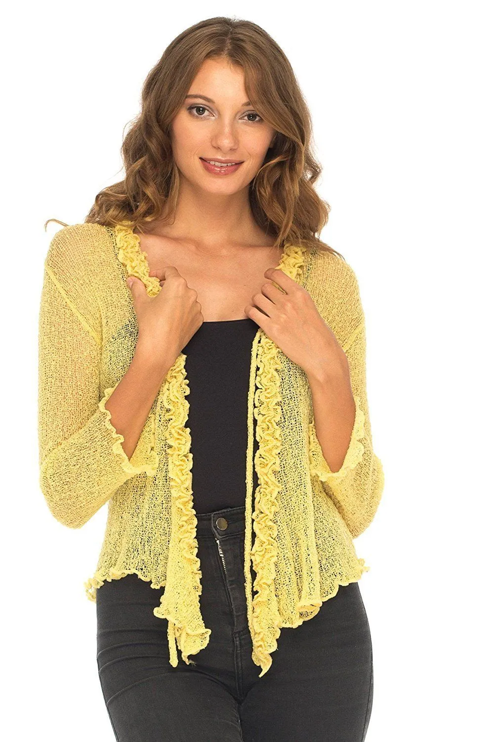 SHU-SHI Womens Sheer Shrug Cardigan Sweater Lightweight Knit Ruffle Shrug