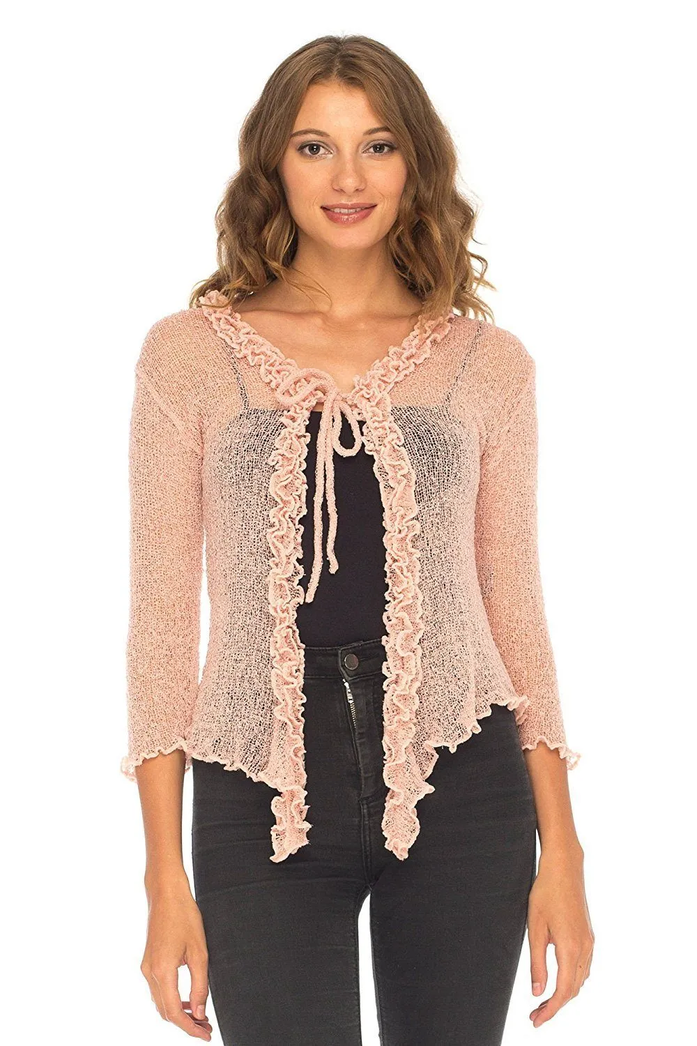 SHU-SHI Womens Sheer Shrug Cardigan Sweater Lightweight Knit Ruffle Shrug