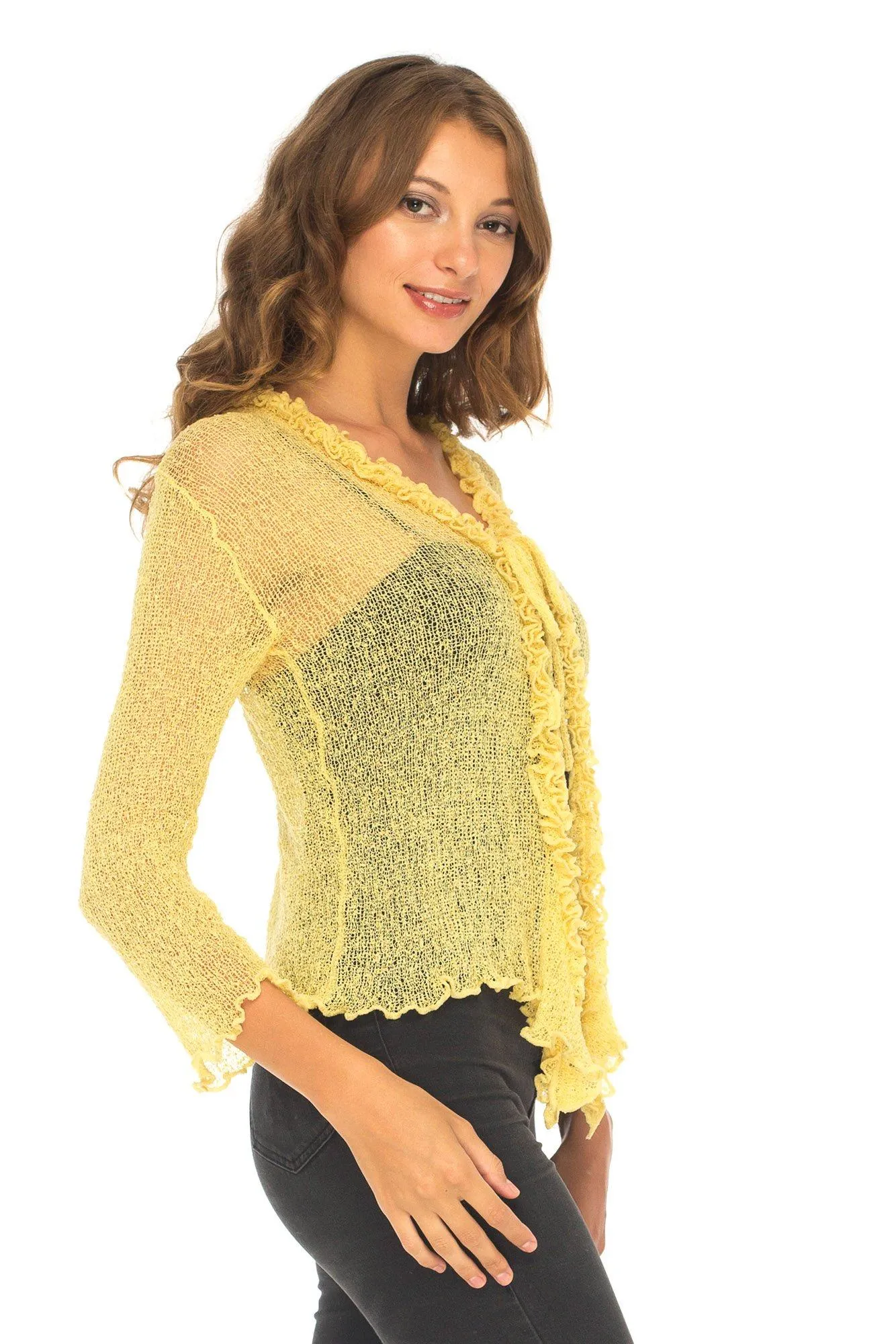 SHU-SHI Womens Sheer Shrug Cardigan Sweater Lightweight Knit Ruffle Shrug