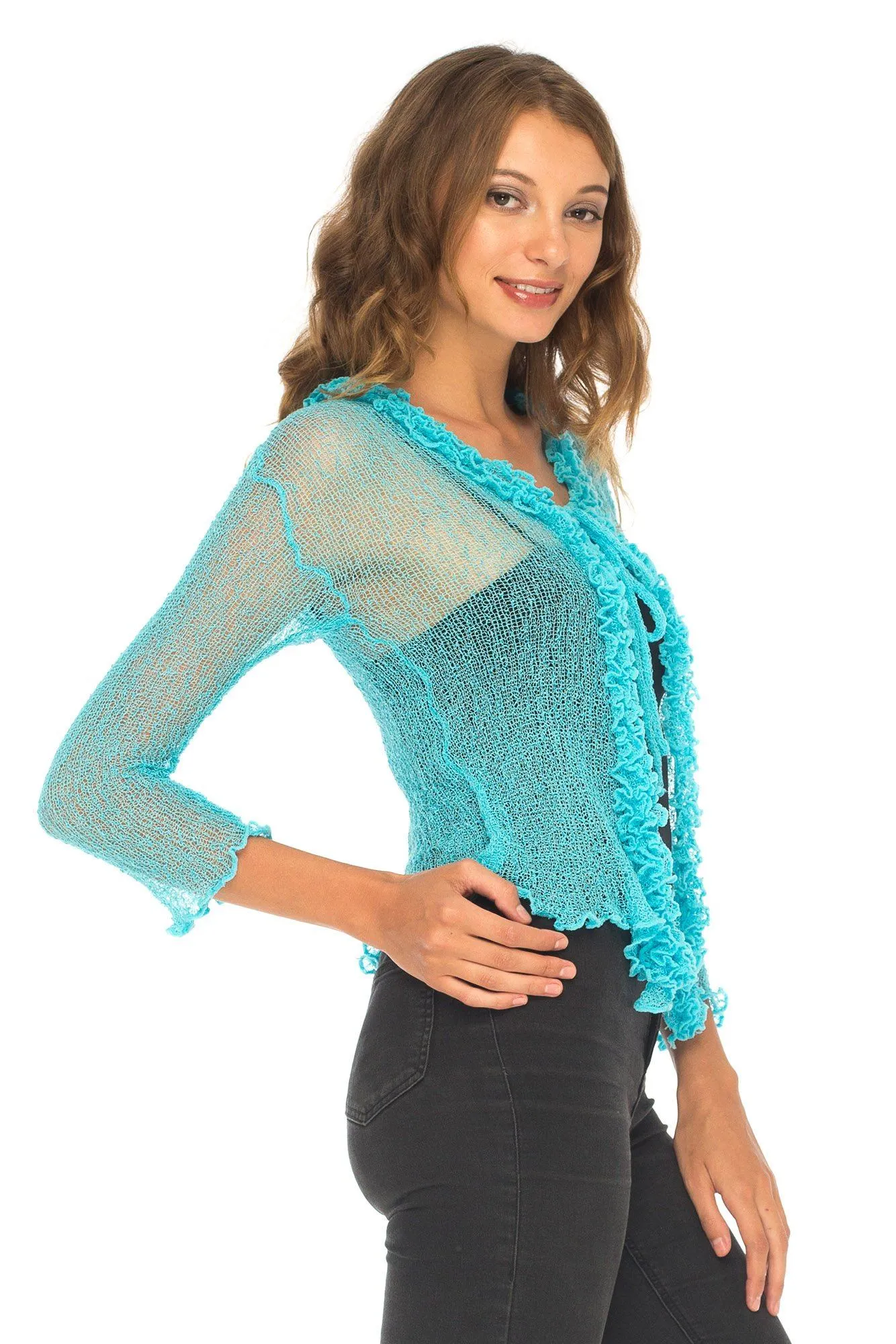 SHU-SHI Womens Sheer Shrug Cardigan Sweater Lightweight Knit Ruffle Shrug