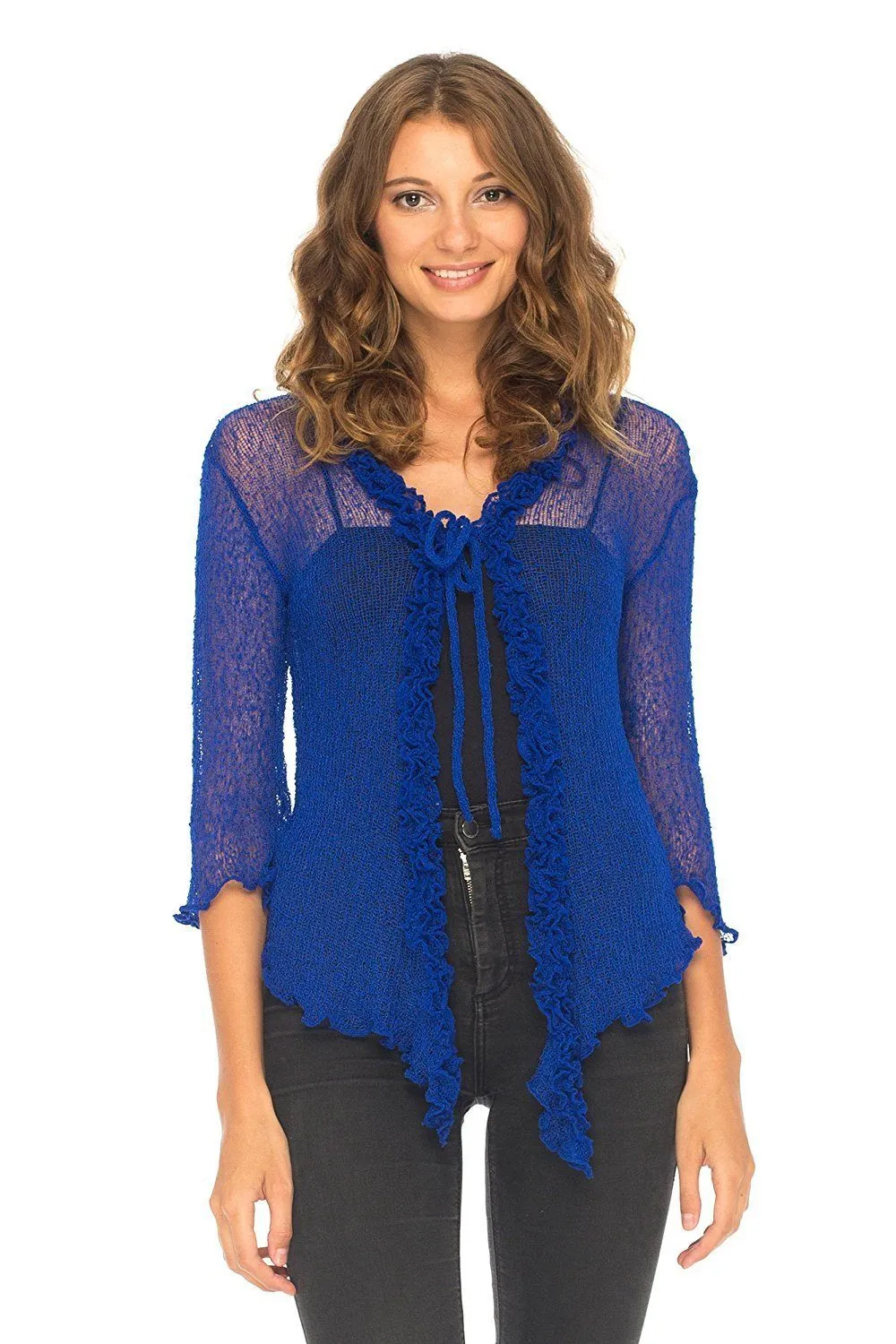 SHU-SHI Womens Sheer Shrug Cardigan Sweater Lightweight Knit Ruffle Shrug