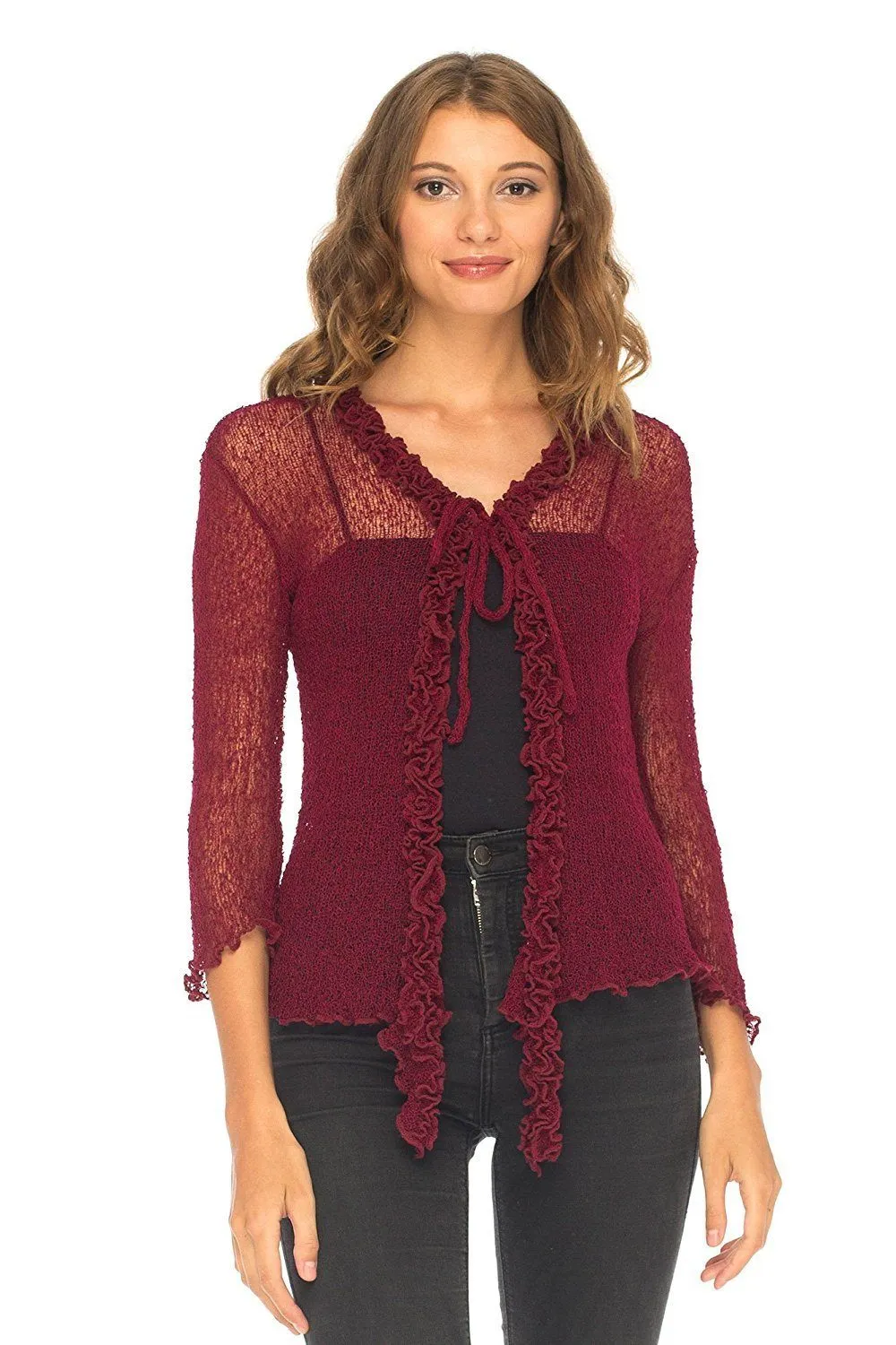 SHU-SHI Womens Sheer Shrug Cardigan Sweater Lightweight Knit Ruffle Shrug