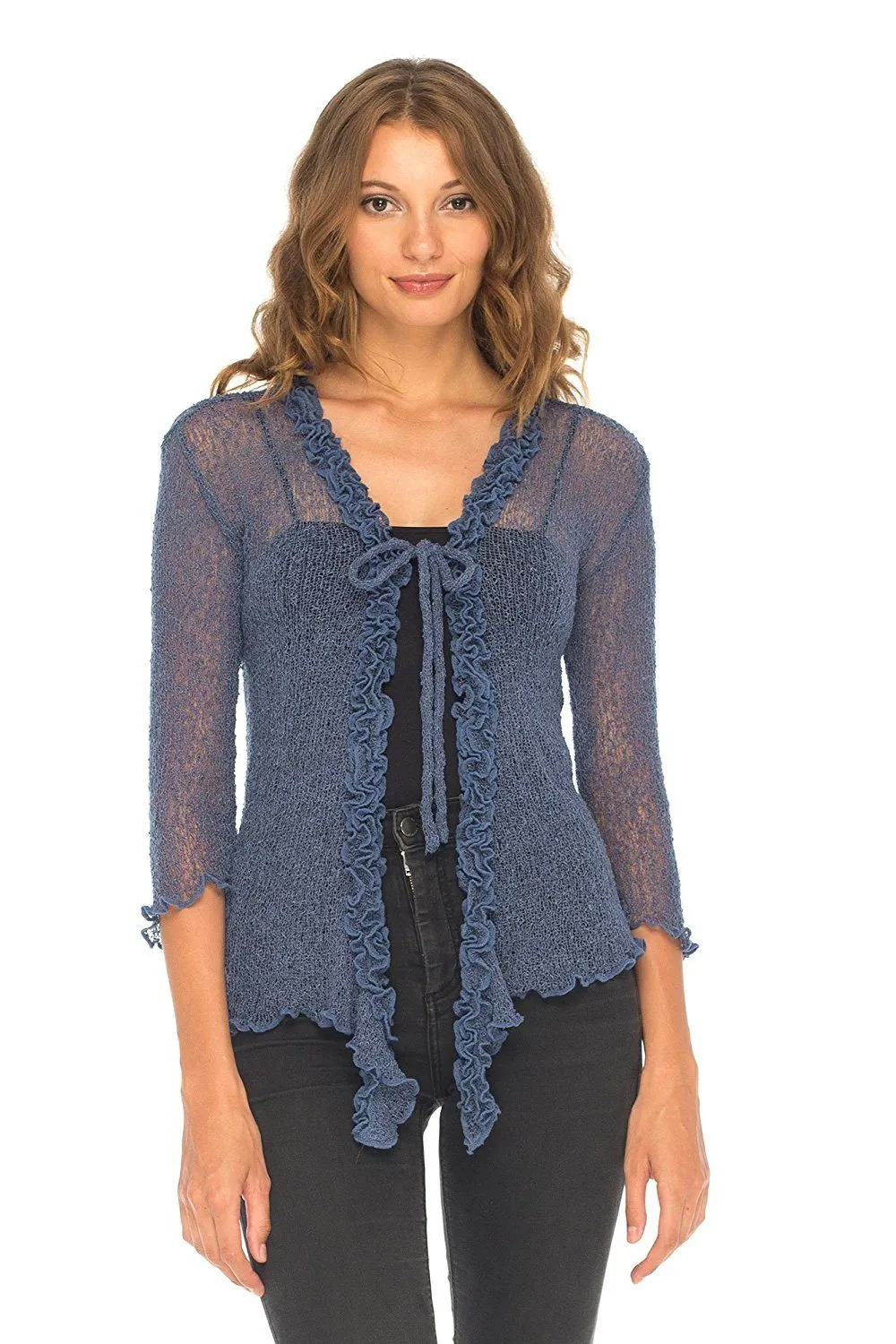 SHU-SHI Womens Sheer Shrug Cardigan Sweater Lightweight Knit Ruffle Shrug