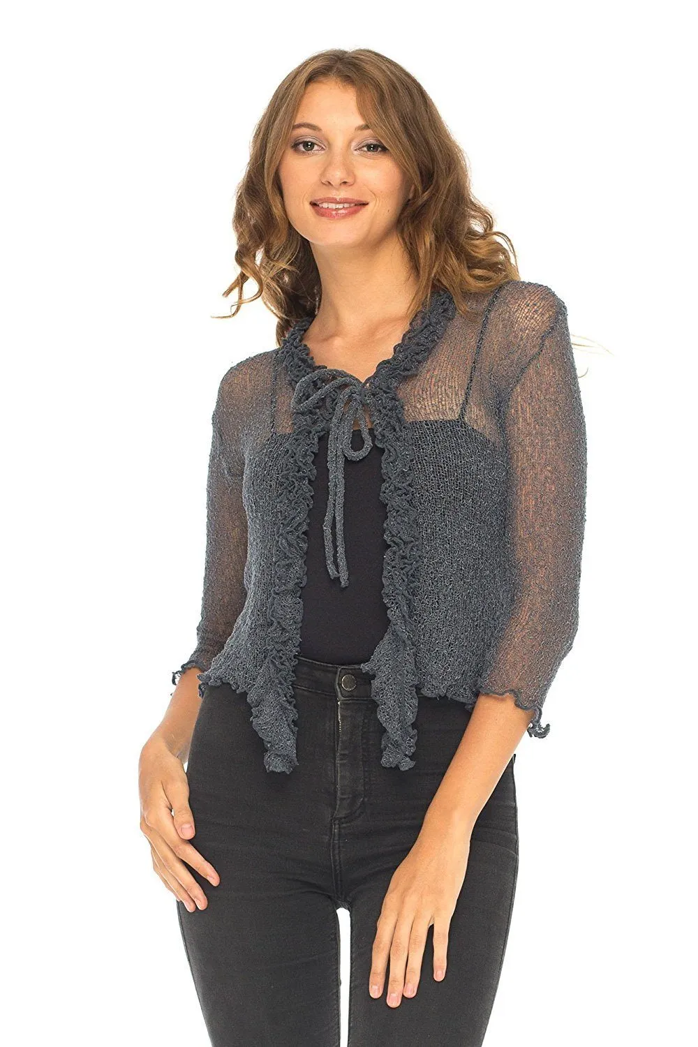 SHU-SHI Womens Sheer Shrug Cardigan Sweater Lightweight Knit Ruffle Shrug