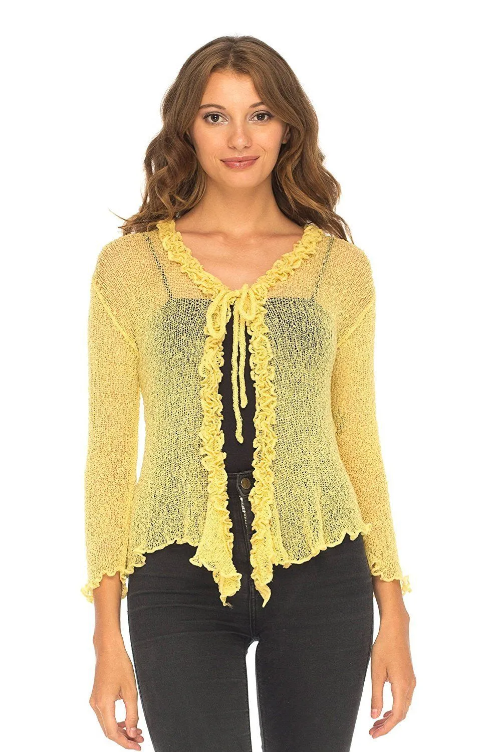 SHU-SHI Womens Sheer Shrug Cardigan Sweater Lightweight Knit Ruffle Shrug