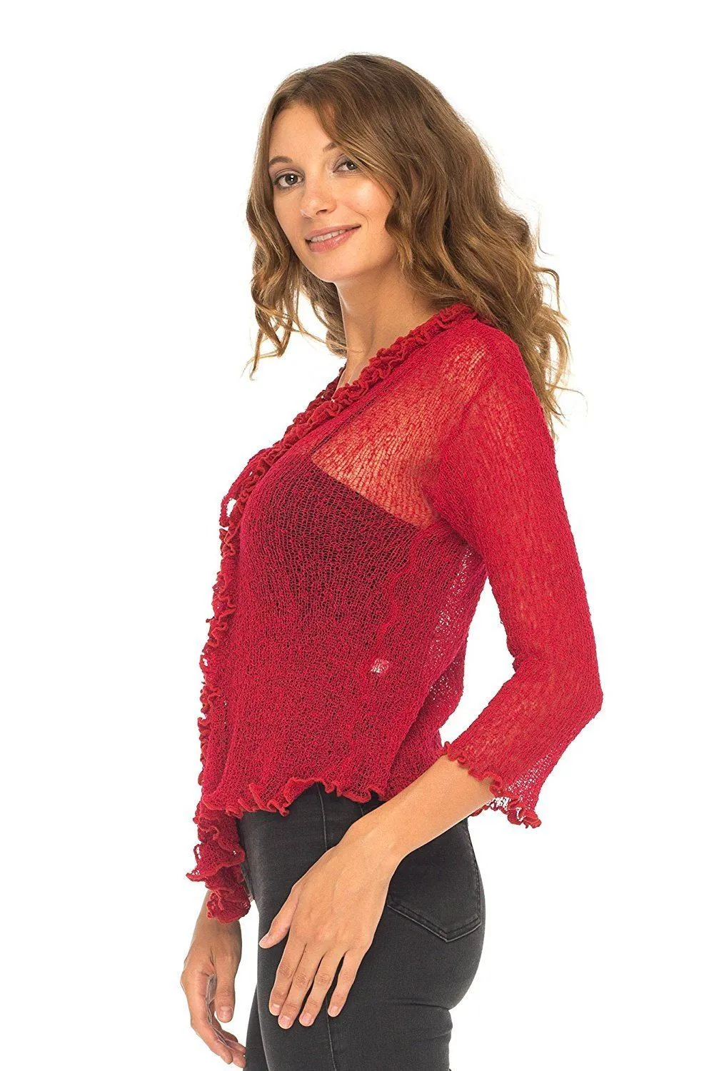 SHU-SHI Womens Sheer Shrug Cardigan Sweater Lightweight Knit Ruffle Shrug