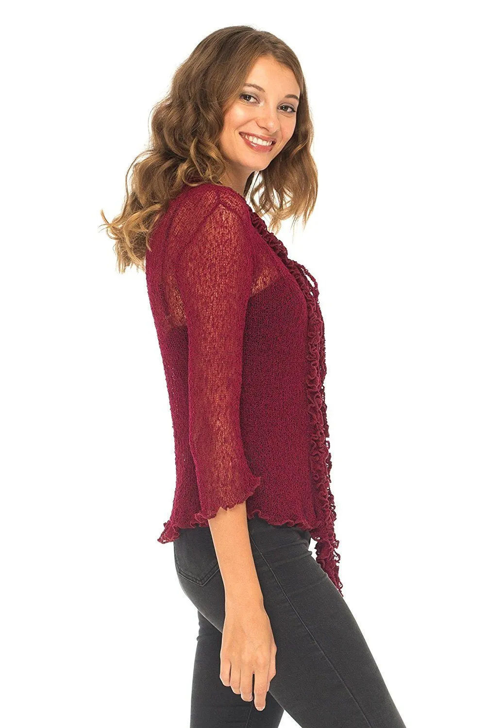 SHU-SHI Womens Sheer Shrug Cardigan Sweater Lightweight Knit Ruffle Shrug