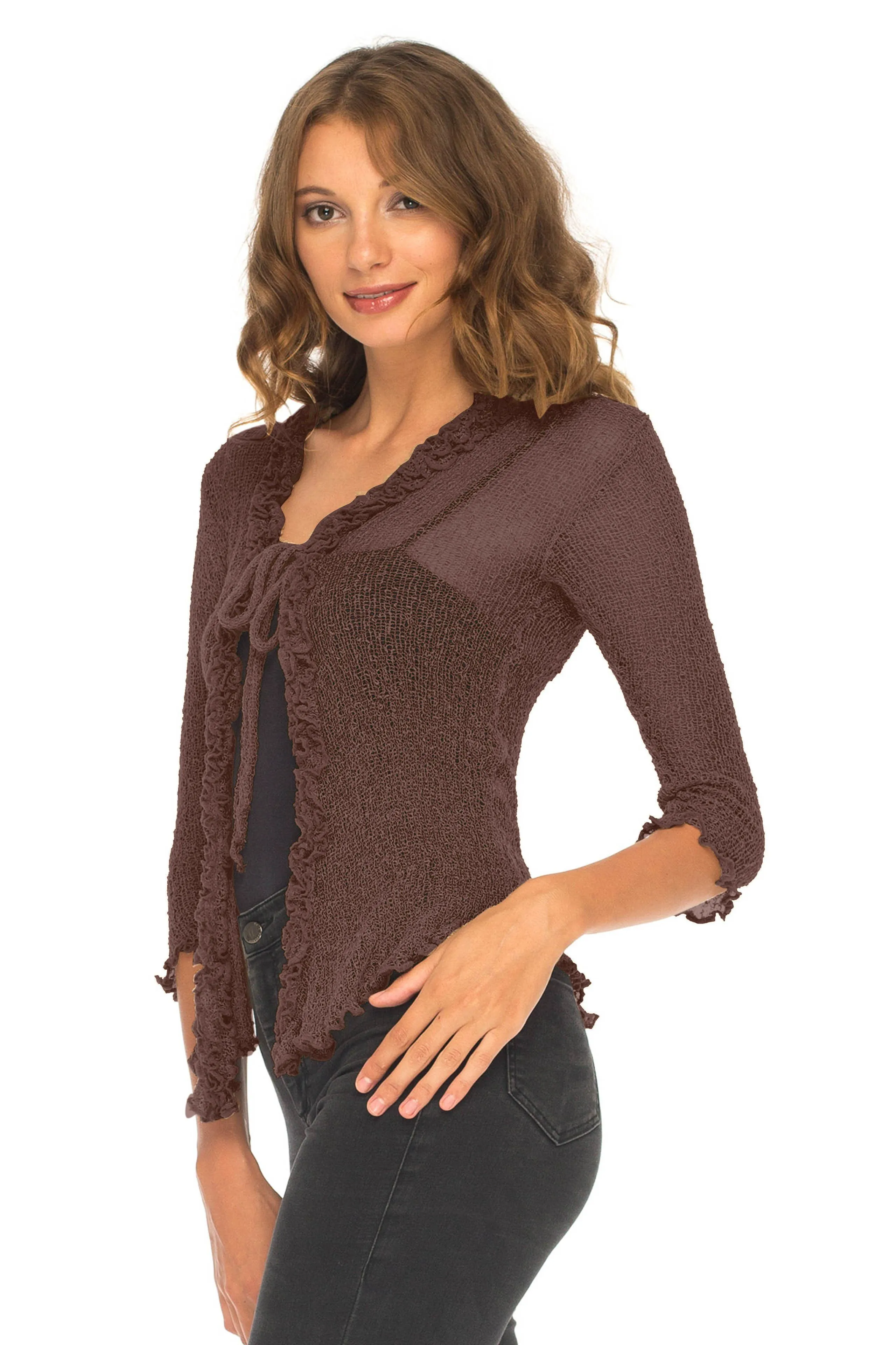 SHU-SHI Womens Sheer Shrug Cardigan Sweater Lightweight Knit Ruffle Shrug