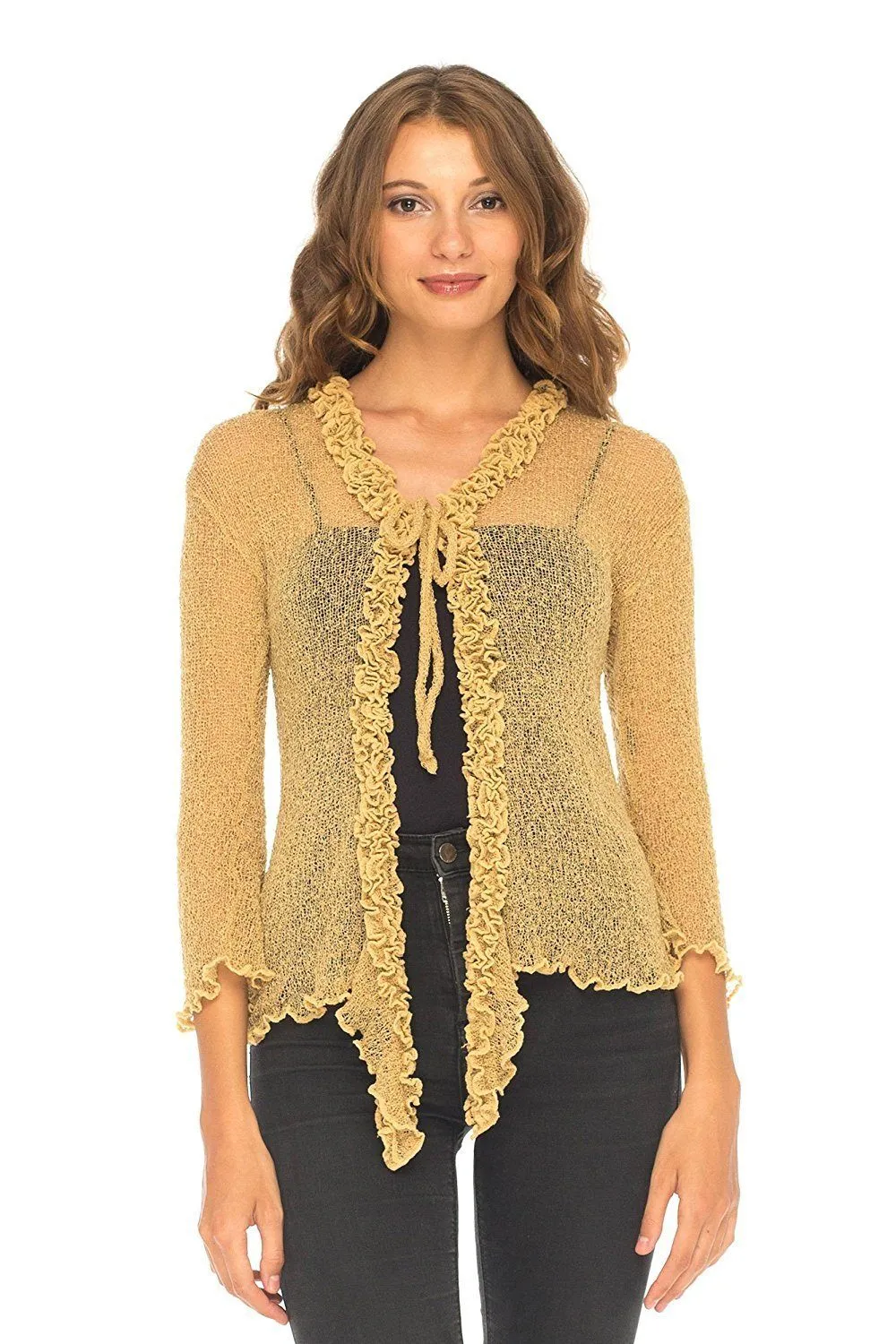 SHU-SHI Womens Sheer Shrug Cardigan Sweater Lightweight Knit Ruffle Shrug