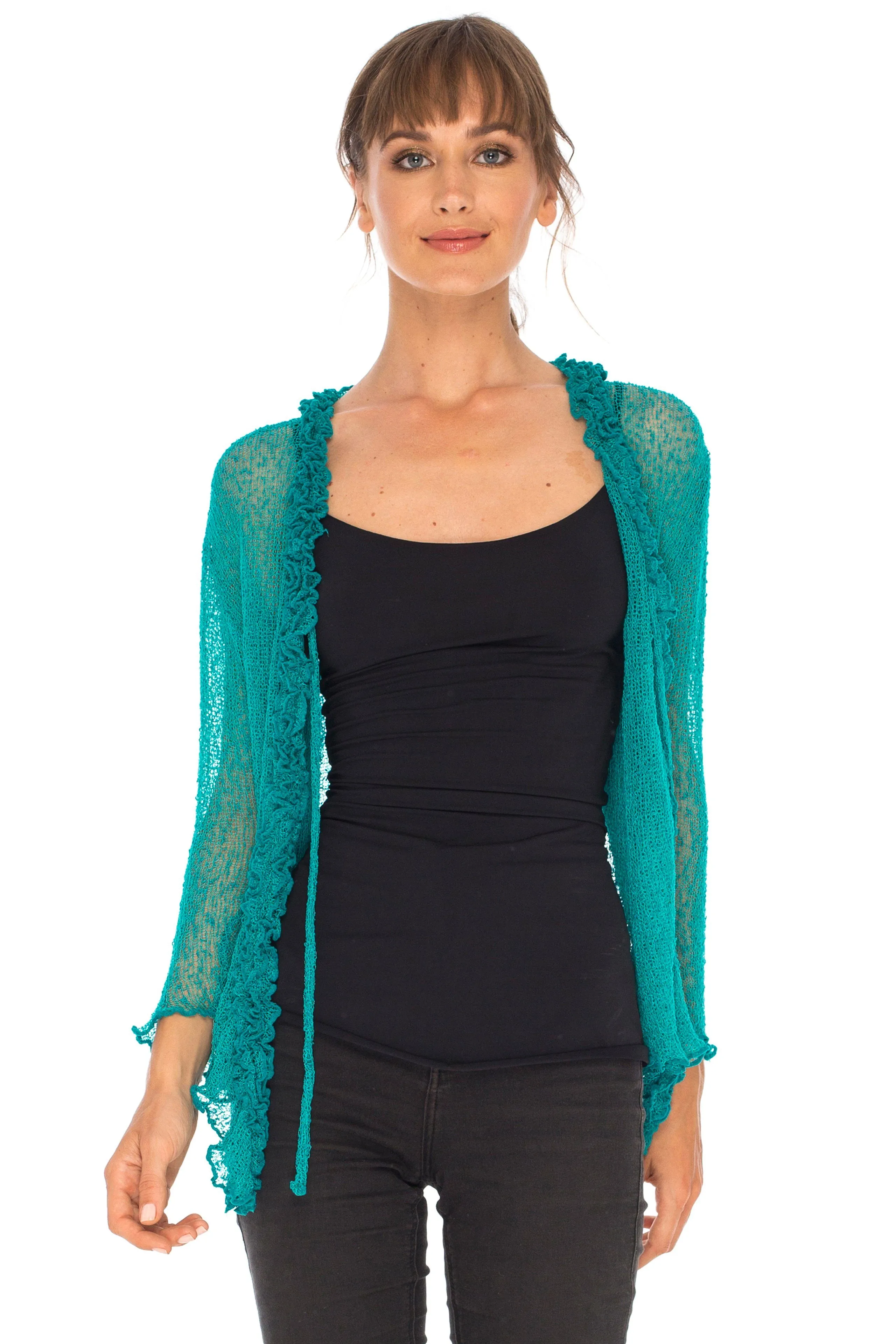 SHU-SHI Womens Sheer Shrug Cardigan Sweater Lightweight Knit Ruffle Shrug