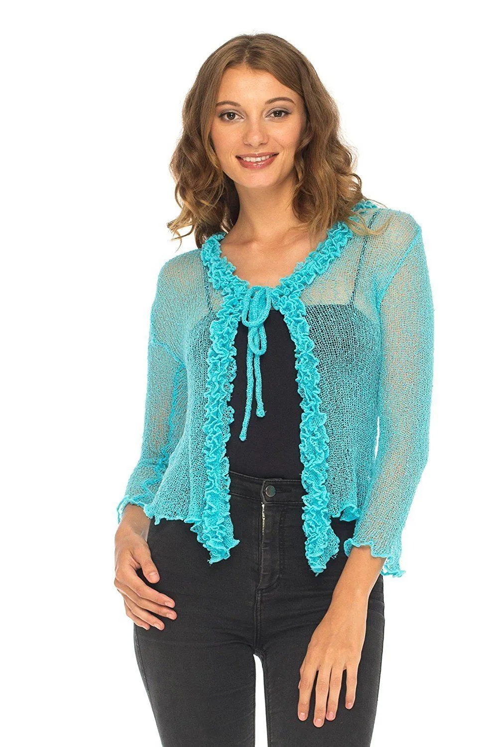 SHU-SHI Womens Sheer Shrug Cardigan Sweater Lightweight Knit Ruffle Shrug