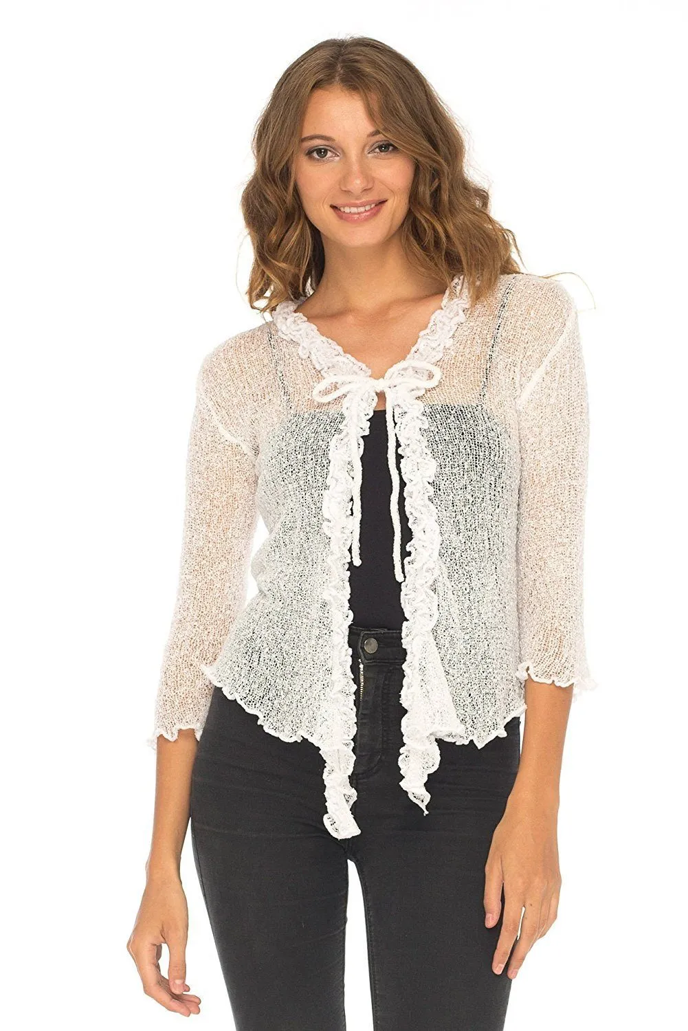 SHU-SHI Womens Sheer Shrug Cardigan Sweater Lightweight Knit Ruffle Shrug