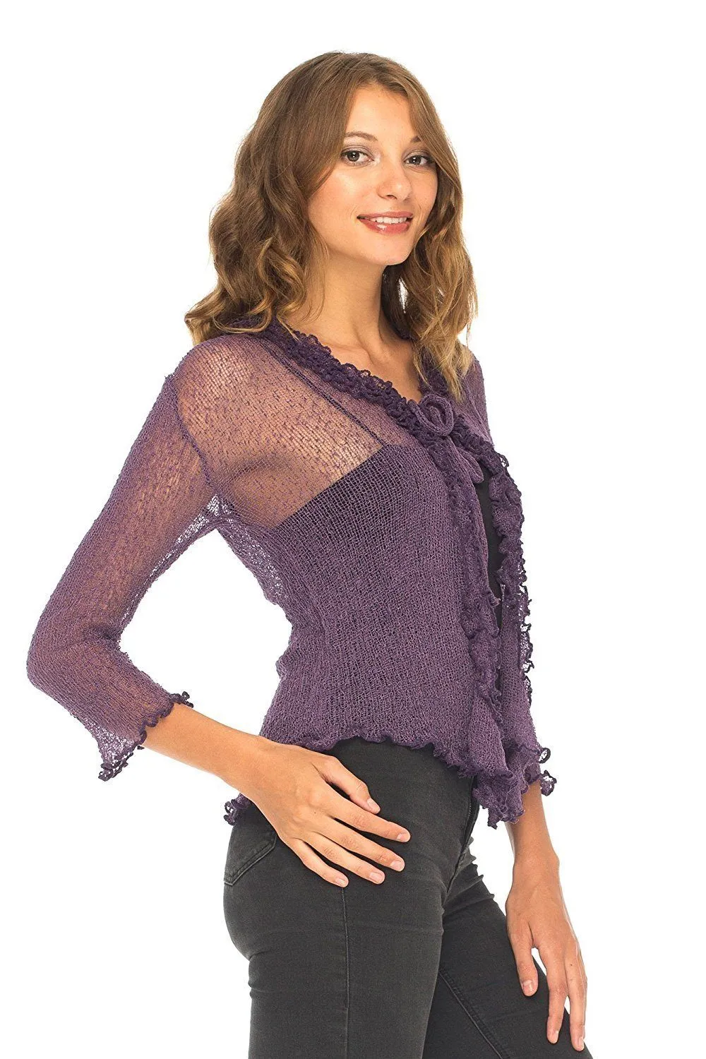 SHU-SHI Womens Sheer Shrug Cardigan Sweater Lightweight Knit Ruffle Shrug