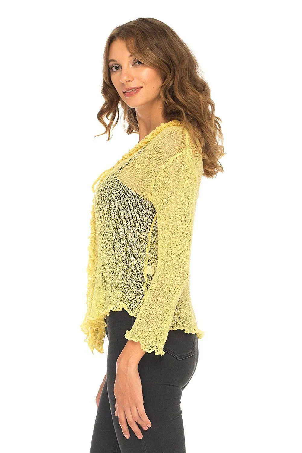 SHU-SHI Womens Sheer Shrug Cardigan Sweater Lightweight Knit Ruffle Shrug