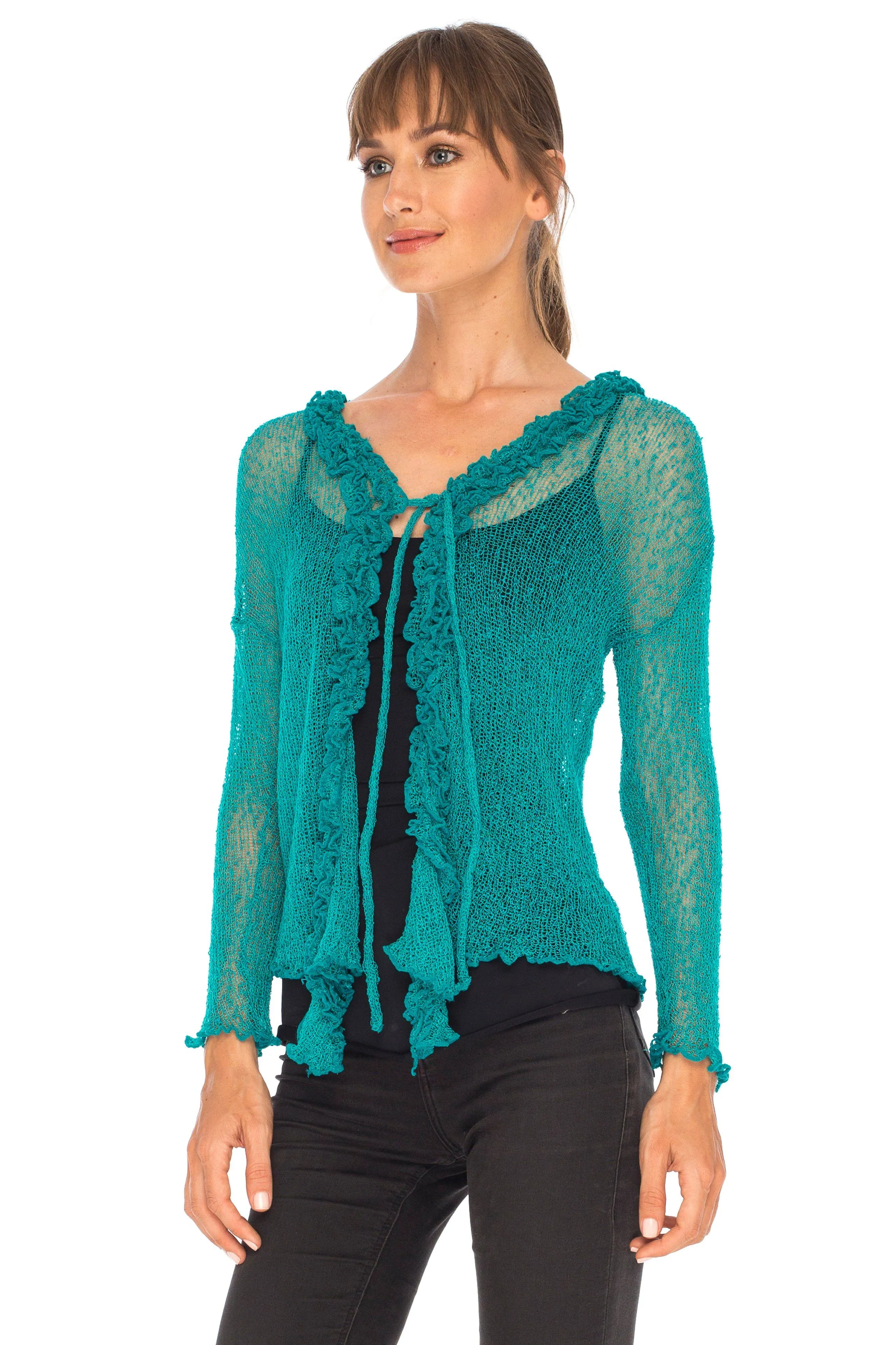 SHU-SHI Womens Sheer Shrug Cardigan Sweater Lightweight Knit Ruffle Shrug