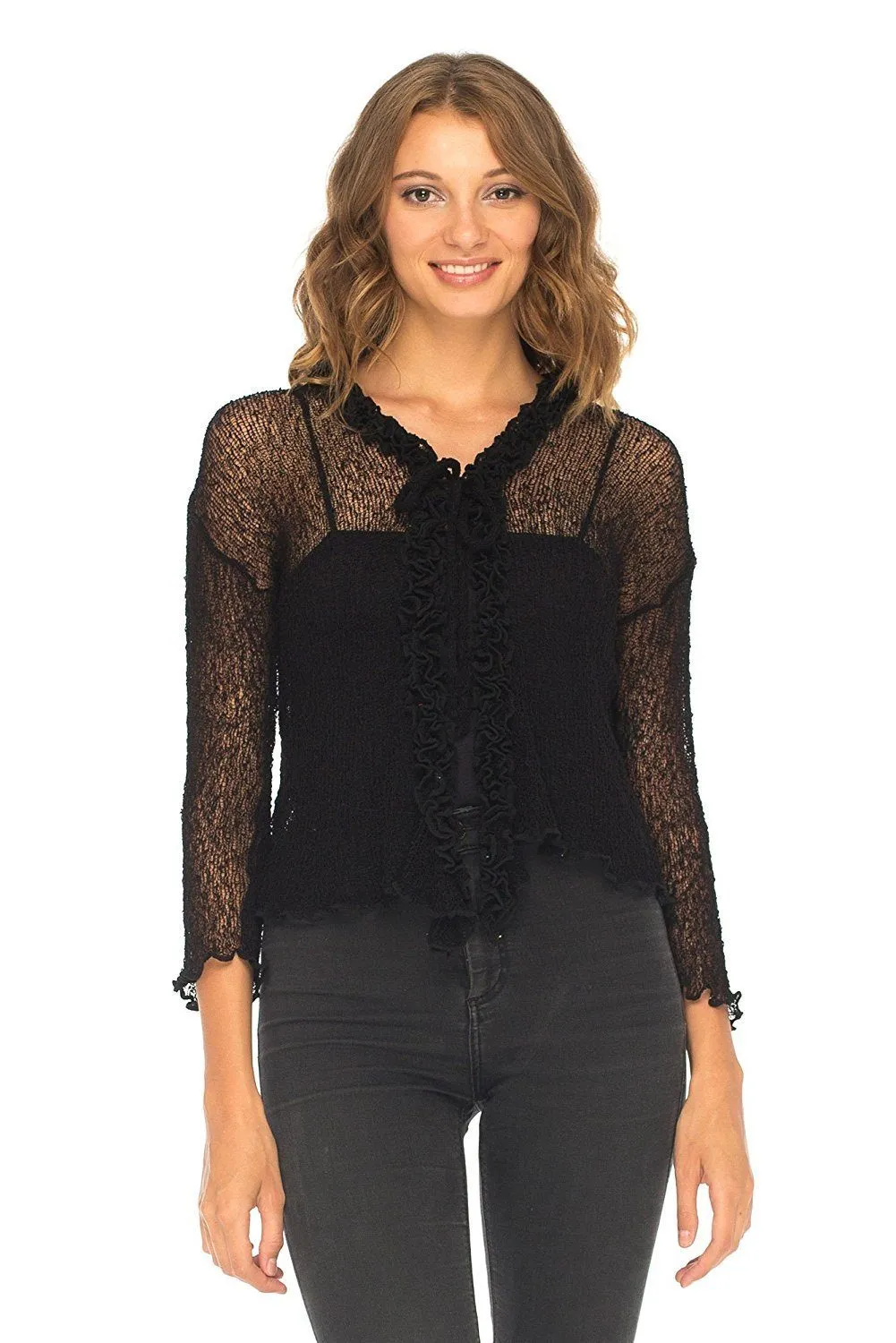 SHU-SHI Womens Sheer Shrug Cardigan Sweater Lightweight Knit Ruffle Shrug