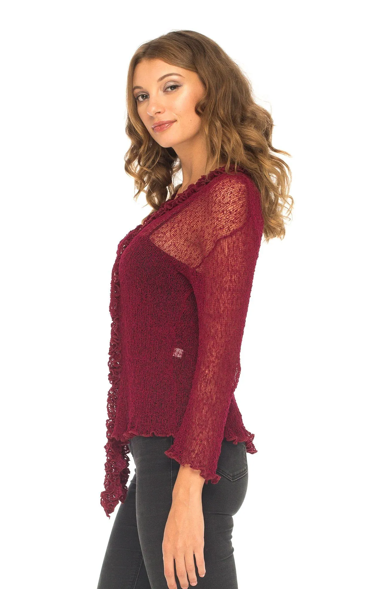 SHU-SHI Womens Sheer Shrug Cardigan Sweater Lightweight Knit Ruffle Shrug