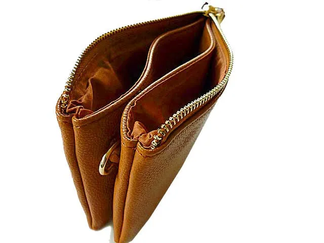 SMALL MULTI-COMPARTMENT CROSS-BODY PURSE BAG WITH WRIST AND LONG STRAPS - TAN