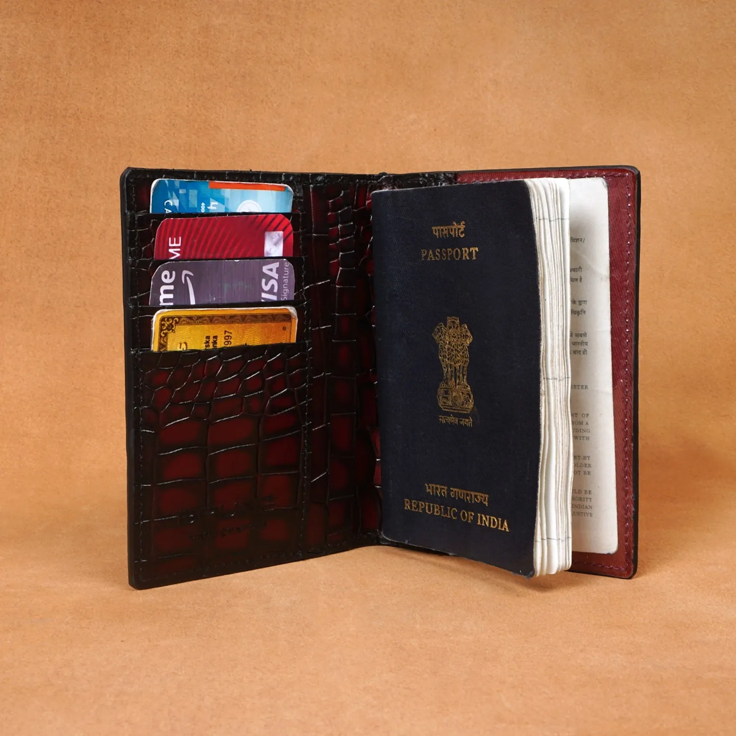 Smokey Finish Two Fold Passport Holder in Wine Deep Cut Leather