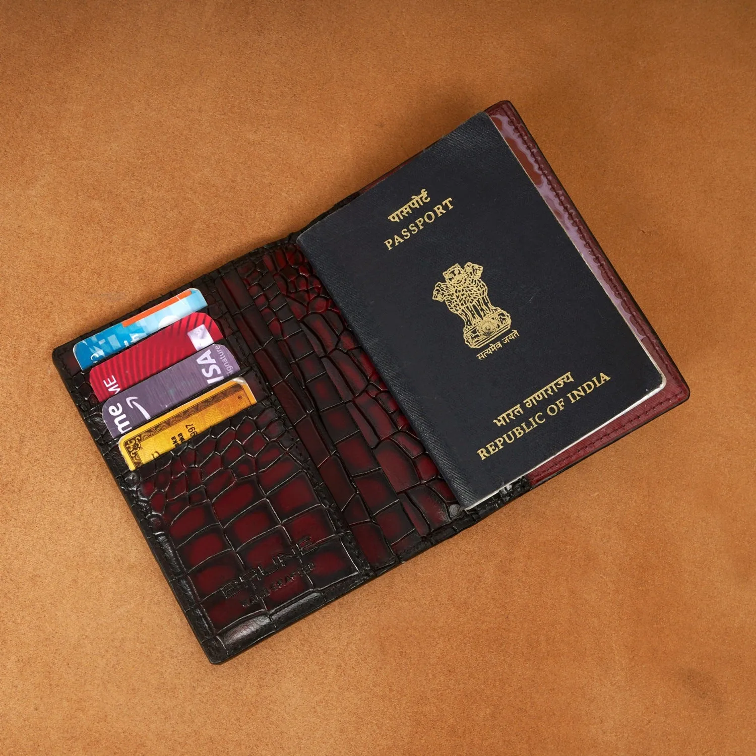 Smokey Finish Two Fold Passport Holder in Wine Deep Cut Leather