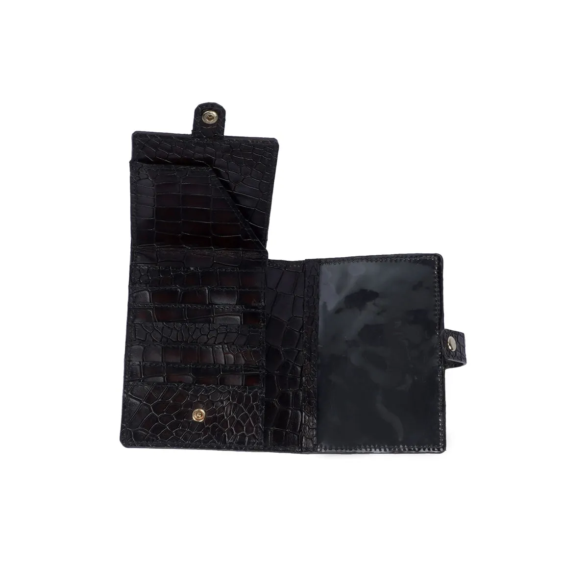 Stylish Deep Cut Croco Smokey Dark Brown Leather Button Closure Passport Holder By Brune & Bareskin