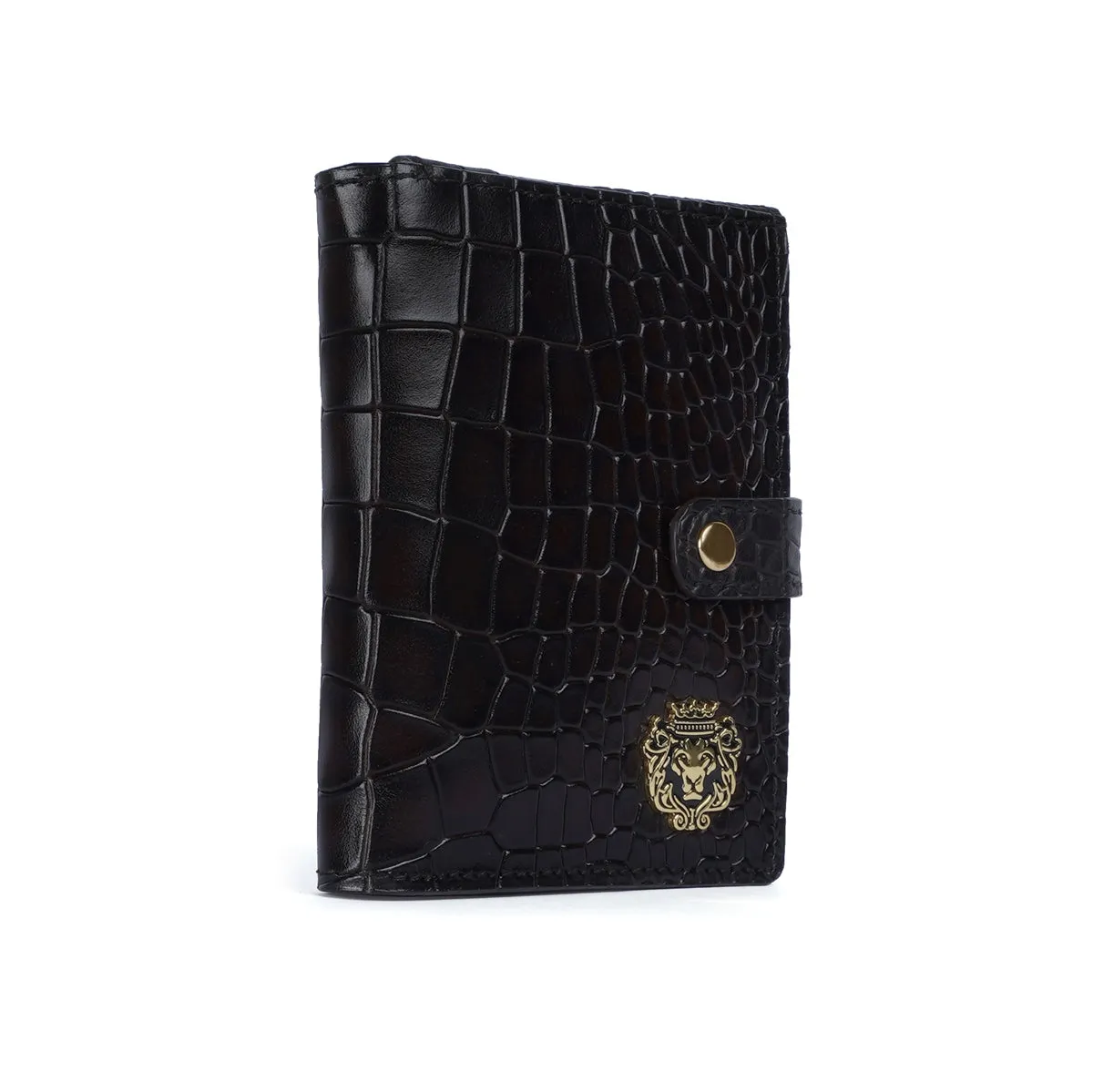 Stylish Deep Cut Croco Smokey Dark Brown Leather Button Closure Passport Holder By Brune & Bareskin