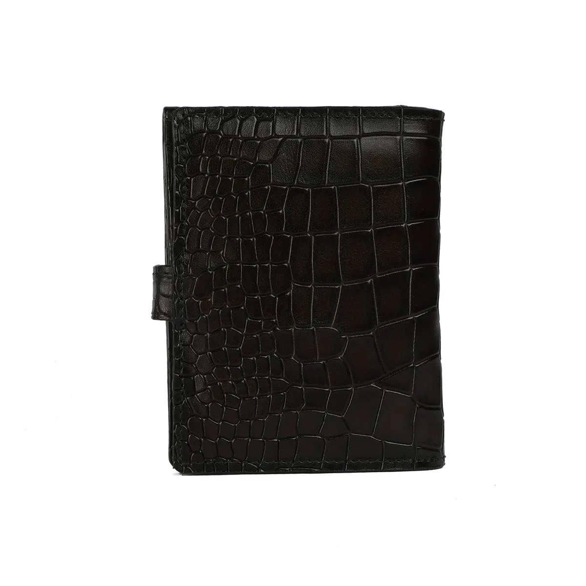 Stylish Deep Cut Croco Smokey Dark Brown Leather Button Closure Passport Holder By Brune & Bareskin