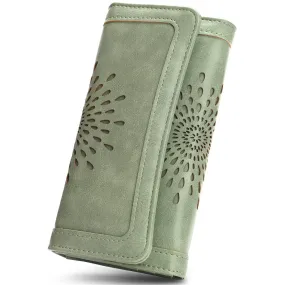 SunFlower Wallet For Women RFID Blocking Slim Minimalist Ladies Long Clutch Purse Credit Card Holder Slots with Zipper Pocket-Green